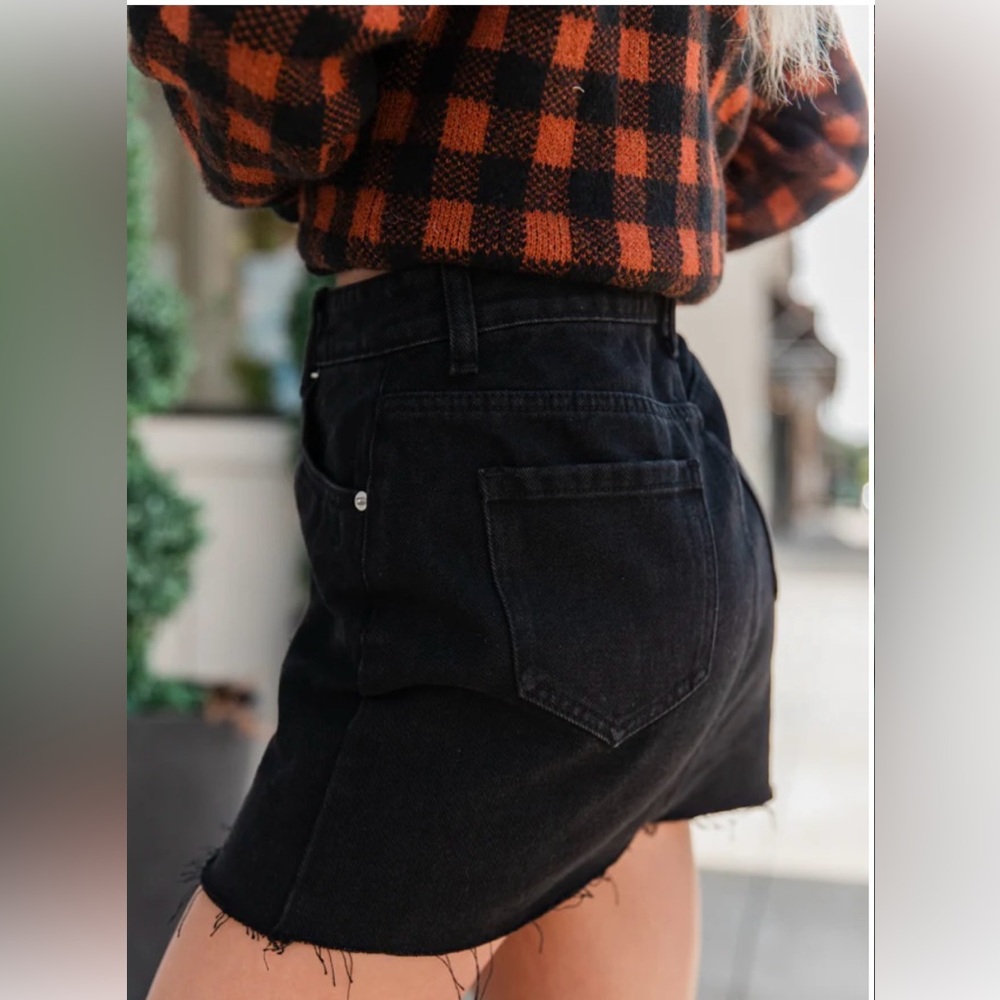 Pink Lily Black Denim Fringe Skirt